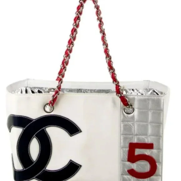 Auth CHANEL No 5 Canvas Leather Tote Shoulder Handbag Shopper Carrier Jumbo XL - Picture 1 of 4